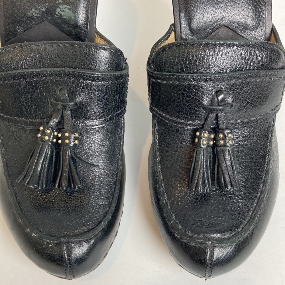 Michael Kors Pebbled Leather Wood Heeled Black Clog Tassel 7.5 Menswear Inspired - Picture 6 of 16